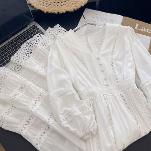 PAIBOLI | Sweet French Vintage White Dress Large Size High Waist A-Line Skirt Long Dress Korean Style Commute Wind Summer Fashion Dress