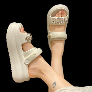 รองเท้าแตะส้นสูงแบบสวมหัวสีพื้นสำหรับผู้หญิง รองเท้าแตะชายหาดแบบสวมสบาย รองเท้าแตะฤดูร้อน รองเท้าแตะ PU ทรงส้นหนา