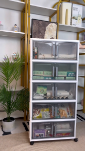 ตู้เก็บของ 52CM ตู้เก็บของพับได้ ตู้เก็บของอเนกประสงค์ ป้องกันฝุ่น และโปร่งใส ความจุขนาดใหญ่ ประหยัดพื้นที่ มีล้อ สีชาขาว/ขาวด