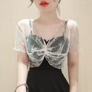Summer Dress Cut Out Suspender Skirt Shawl Outer Match Womens Short-Sleeved Mesh Twisted Lace Blouse Design Blouse