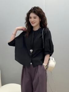 เสื้อเชิ้ตคอโปโลแขนสั้นสีดำ ทรงหลวม ดีไซน์เรียบง่าย แฟชั่นฤดูร้อน สำหรับผู้หญิง เสื้อผ้าทำงาน ความยาวปกติ