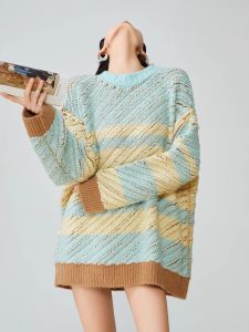 Womens Light Blue Contrasting Striped Knit Sweater