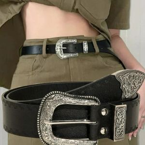 Vintage Carved Belt Metal Needle Buckle for Women Men Jeans Pu Leather Black Western Punk Hip Hop Rock Style Waistband Accessories