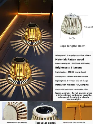 Solar Powered Bamboo Woven Portable Floor Lamp for Courtyard Garden Balcony Outdoor Hanging Lantern Retro Style Smart Switch Control