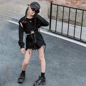 Girls Summer Fashion Jazz Dance Hoodie Jacket Casual Belted Shorts Streetwear Three-piece Set Korean Style Versatile Vest