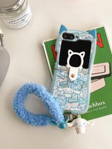 Kawaii Cat Ears Foldable Screen Phone Case for ZFlip7/6/5/4/3 Cute Cartoon Soft Shell Protection for Women Plush Lanyard