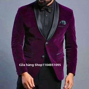 Bộ Vest Nam Nhung Dáng Ôm 2 Mảnh Trang Phục Cưới Lịch Lãm Áo Khoác Ve Áo Shawl Vest Chú Rể Vest Công Sở Chất Liệu Cotton Polyester