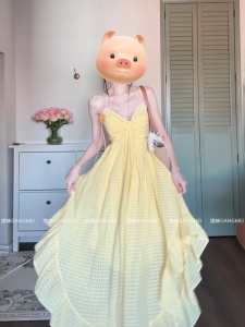 French Holiday Style Yellow Plaid Backless Strap Dress Women Summer Dopamine Beach Atmosphere Beach Long Skirt A-Line Gown
