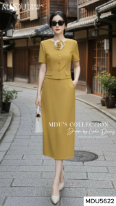 Set Text Gân MDU5622 Gồm Áo Dáng Ngắn Cùng Chân Váy Dáng Midi Có Túi Và Xẻ Tà Nhẹ Nhàng Từ MDU