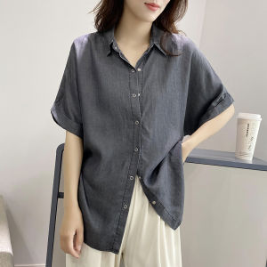 Linen Cotton Denim Shirt Women Summer New Short Sleeve Thin Outerwear Artistic Design Loose Shirt Blue Casual Style Button Placket