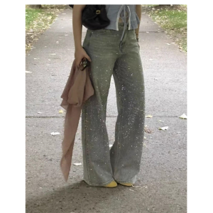Glittering Diamond Design Loose Fit High Waist Denim Jeans Womens Autumn Vintage Wide Leg Pants Floor Length Slimming Effect