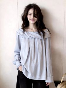 QFN | Elegant French Lazy Style Blue Off-the-shoulder Long-sleeve Shirt