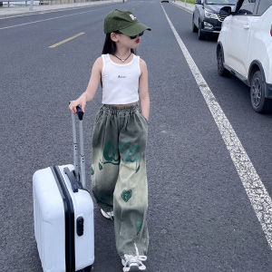 Girls Summer Thin Denim Jeans Loose Floor-Length Wide Leg Pants Childrens Fashionable Trousers for Big Kids Age 5-14