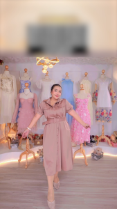 ชุดเดรสเชิ้ตแขนสั้น สีน้ำตาลอ่อน ผ้าโพลีเอสเตอร์ผสมคอตตอน