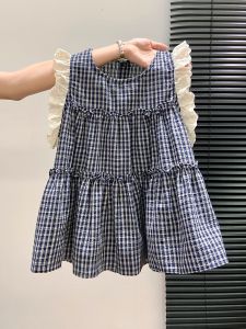 Sweet Lace Splice round Neck Plaid Miniature Shirt Womens Summer Anti-Aging Pleated Skirt Sleeveless Top Korean Style Loose Fit