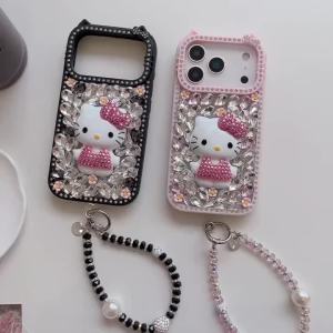 Sanrio | Luxury Hello Kitty Diamond Phone Case For iPhone 17 16 15 14 13 Pro Max Plus 17 Pro Air Women Glitter Back Cover with Lanyard