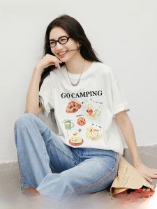 Red Sleeve Printed White T-Shirt Loose Fit round Neck Casual Top for Women Summer New Style Elegant Versatile Slimming