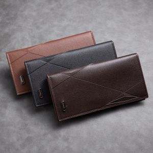 PU Leather Mens Simple Twill Retro Long Wallet TriFold Wallet Youth Thin Soft Large Capacity Multi-Card Slots with Coin Pocket