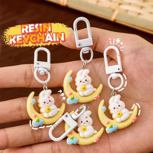10PCS Fashion Cute Moon Rabbit Keychain For Women Sweet Cartoon Enamel Gold Color Key Chain Bag Car Key Decoration