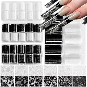10 Rolls/Box White Black Lace Nail Art Foil Sticker Set Nail Transfer Decal Paper DIY Manicure Styling Nail Decoration Accessory