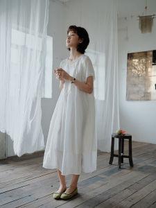 Pure Flax Transparent Dress Heavy Embroidery Antique Style Japanese Women Summer 6854 Commute Artistic High Waist Bubble Sleeve