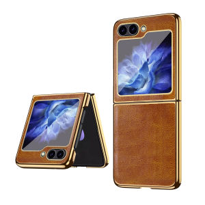 VIETAO Plating Edge Z Flip 7 Case With Front Screen ProtectorBrown Crazy Horse PU Leather Phone Cover For Galaxy Z Flip 6 5 4 3