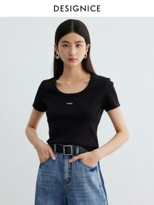 Designice Summer 2025 Womens Slim Fit round Neck Short Sleeve T-Shirt Pure Color Commute Casual Fashion Versatile Shoulder Length