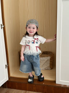 Korean Style Short Sleeve T-Shirt for Girls Summer Fashion Baby Clothes with Butterfly Knot Flower Edge Cotton Polyester Blend