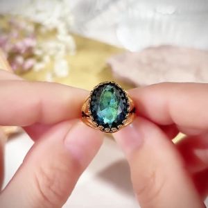Huitan Vintage Luxury Gold Color Rings With Big Blue Oval Cubic Zirconia For Women Wedding Party Engagement Noble Accessories