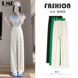 Ammin phong cách Hàn Quốc đàn hồi eo cao NƠ REN lên thiết kế Lụa băng quần ống rộng của phụ nữ mỏng mùa hè cạp cao dáng đứng Ống võng giảm béo đàn hồi giản dị quần