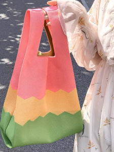 Korean Style Knitted Tote Bag Womens Personalized Handbag Cultural Collar Lunch Box Bag Washable Cotton Linen Material