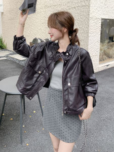Stylish Short PU Leather Jacket Womens Fashion Sweet Cool Style Plum Purple Color Autumn New Arrival Casual Commute Edition