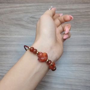 Q820 Vòng cáp ngũ điếu Ngọc Agate Đỏ cỏ 4 lá hồ ly Ngọc Huyết Hỏa và Thổ - Phong Thuỷ TUDO P