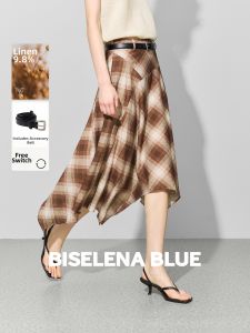 BEIQIANI | Plaid Linen Asymmetric Color Blocking A-Line Skirt