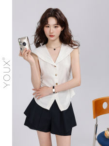 YOUXIANG | Áo Sơ Mi Trắng Không Tay Cổ Hải Quân Nút Đơn