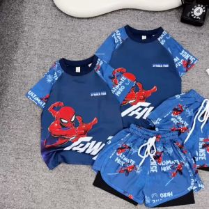 Đồ bơi bé trai họa tiết siêu nhân quần đùi áo cộc taybộ quần áo đi biển bé trai 12-45kg