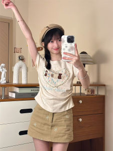 Cute Cartoon Dog Print Short Sleeve Slim Fit Shoulder T-Shirt Womens Stylish Heart Decoration Commute Korean Style Summer Top