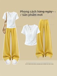 NUMEN BUTTON | Bộ Áo Thun V-Neck Giảm Cân Phong Cách Hàn Quốc Đơn Giản và Quần Dài Ống Trực Tiếp Mùa Hè