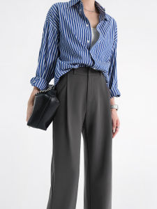 กางเกงขายาวทรงตรงสีเทา ทรงหลวม สำหรับผู้หญิง สไตล์เกาหลี กางเกงขายาวทรงหลวมสำหรับผู้หญิงสูง เอวสูง ระบายอากาศได้ดี ระบายอากาศได้ดี โพลีเอสเตอร์