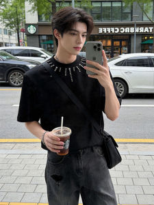 OUMULONG | Sparkling Studs Padded Shoulders Slim Neck Men T-Shirt