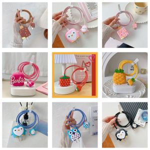 AKABEILA | 3D Protective Soft Case For iPhone 16 15 17 18/20W Fast Charging Candy Color USB Data Cable Protective Case Cute Cartoon Funny