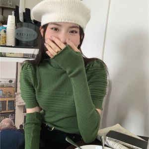 IELGY Sweet Spice Girl Short-sleeved Knitted Base Shirt Womens Semi-high Collar Removable Bubble Sleeves High-grade Thin Top