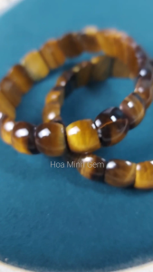 Vòng tay Mắt Hổ Vàng Nâu/Đen hạt vuông size 10x14 li kiểu vòng bản với hạt khúc kết hợp dk 53-60mm | Hoa Minh Gem