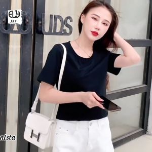 Áo thun nữ cổ tròn form vừa dáng ôm kiểu ngắn tay màu trắng đen vải Cotton Borib co giãn 4 chiều cao cấp áo phông nữ ôm body cổ tròn ELY207