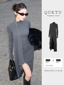 Elegant Long Sleeve Bodycon Dress Womens Fashion Spring New Design Slimming Wrap around High Slit Korean Style Commute Dress