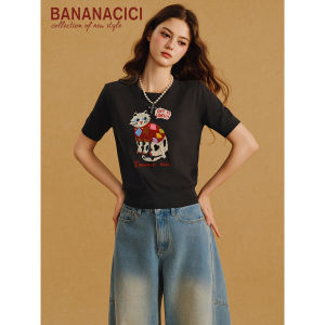 BANANA CICI | Quần Áo Mới Hè Nguyên Bản Họa Tiết Màu Block Thêu Mèo Cổ Tròn T Tay Ngắn