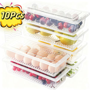 10Pcs Food Fresh Storage Box Containers Kitchen Fridge Organizer Case Removable Drain Plate Tray For Keep Fruits Vegetables Meat Fish