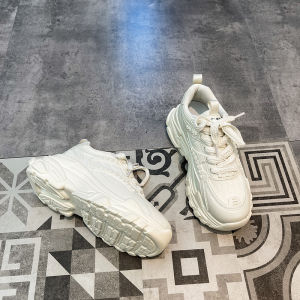 White Sport Shoes Womens 2025 Spring New Thick Bottom Running Dad Shoes Fashionable Casual Sneakers PU Leather round Toe