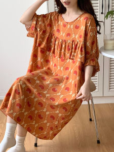 Nipple Coverage Cotton Silk Womens Thin plus Size Pajamas Nightdress Cotton Silk Plus Size Ladies Short Sleeve Skirt Artificial Cotton Home Wear Summer