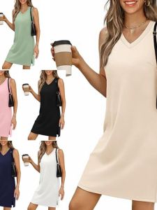 ชุดเดรสแขนกุดเปิดหน้าอกสำหรับผู้หญิง เดรสคอวี ทรงเอ ผ้าโพลีเอสเตอร์ กระโปรงยาวปานกลาง ฤดูร้อน ชุดเดรสทำงาน